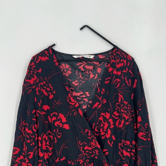 Zara Black Red Floral Rose Wrap Front High Slit Midi Dress - Picture 1 of 9